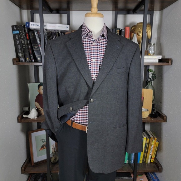 VTG Stafford Men's Sport Coat Blazer Two Button Charcoal Gray Wool Poly Sz‎ 46R